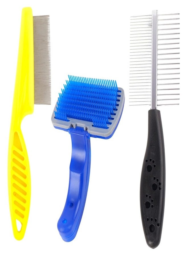 REGIIS Professional Pet Grooming Brush Set, 3 Pack Metal Comb with Blue Self-Cleaning Slicker, Yellow Deshedding Tool, Black Handle for Dogs - Image 1